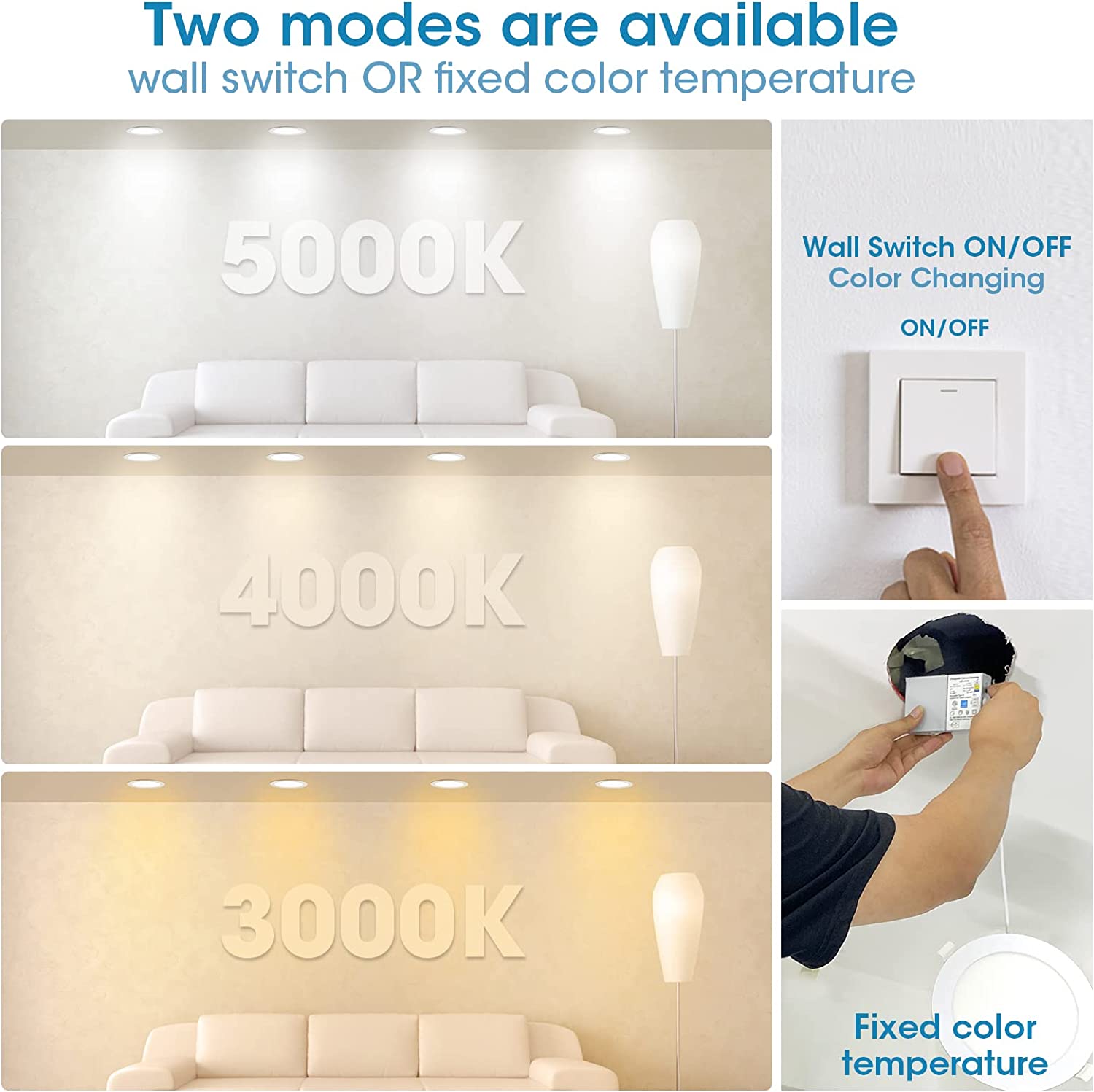 Recessed Lights, Changing Color by Wall Switch, 3CCT 4 Inch 12 Pack, 1 ...